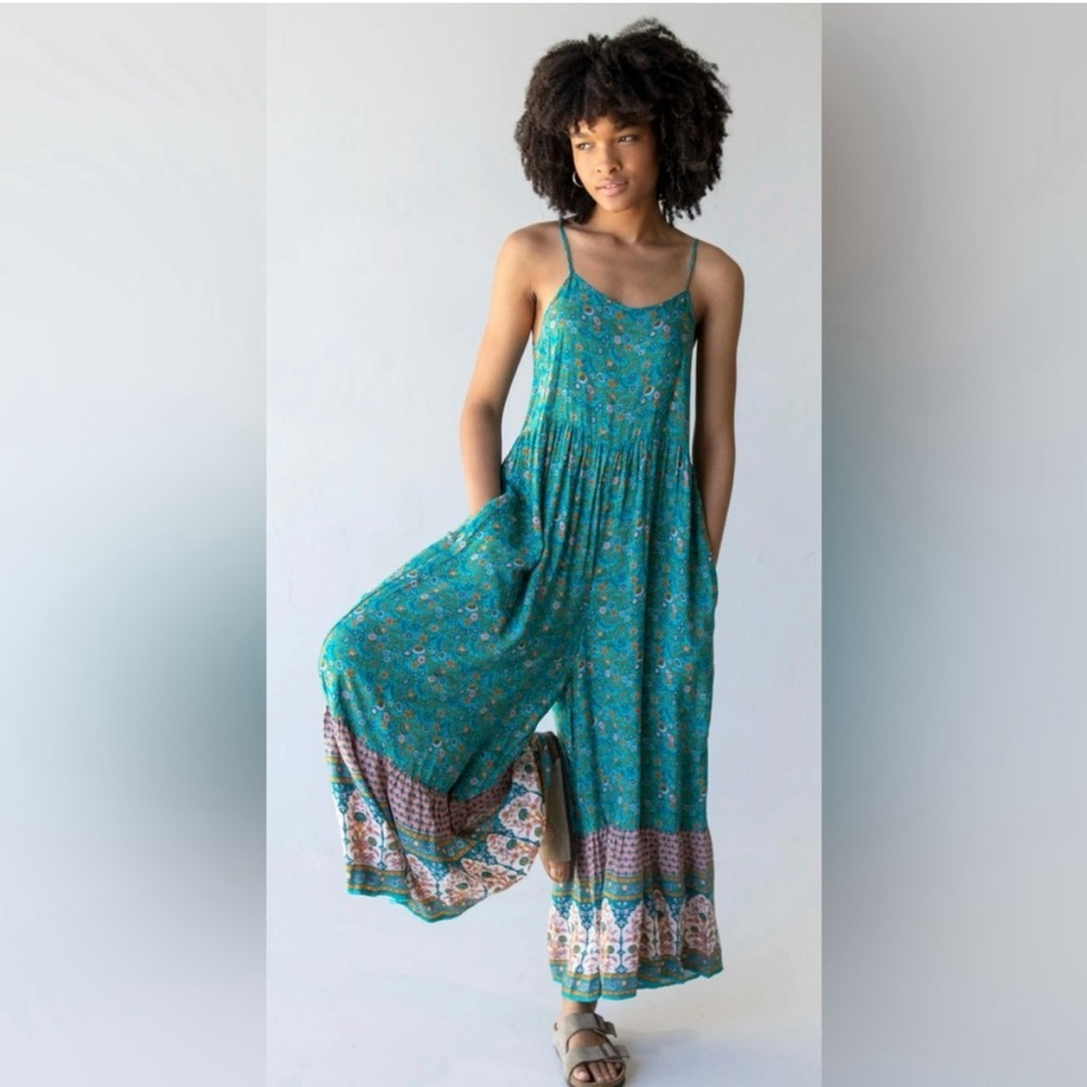 Natural Life Zoe Wide-Leg Jumpsuit - Turquoise Cream Border NWT